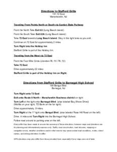 Directions to Stafford Grille[removed]East Manahawkin, NJ Traveling From Points North or South via Garden State Parkway From the North Take Exit 63 (Long Beach Island) From the South Take Exit 63A (Long Beach Island)