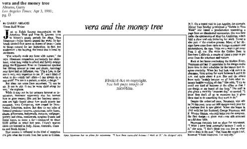 vera and the money tree  Abrams, Garry Los Angeles Times; Apr 3, 1981; pg. I3