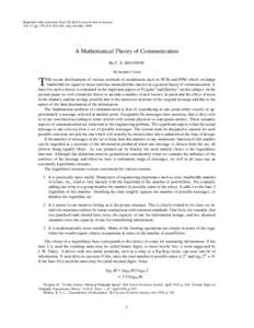 Reprinted with corrections from The Bell System Technical Journal, Vol. 27, pp. 379–423, 623–656, July, October, 1948. A Mathematical Theory of Communication By C. E. SHANNON