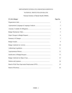 DEPARTMENT OF HEALTH AND HUMAN SERVICES NATIONAL INSTITUTES OF HEALTH National Institute of Mental Health (NIMH) Page No.  FY 2013 Budget