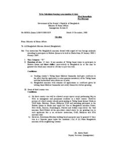 To be Substitute bearing same number & date Most Immediate Fax Message Government of the People’s Republic of Bangladesh Ministry of Home Affairs Immigration Section-II