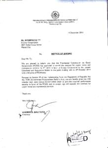 PRESIDENTIAL COMMISSION ON GOOD GOVERNMENT No. 82 IRC Bldg., Epifanio delos Santos Avenue (EDSA), MandaluYong CitY 4 December Z0l4
