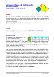 Landeswettbewerb Mathematik Baden-Württemberg Musterlösungen 1. RundeAufgabe 1 Paul will sich eine zehnstellige Geheimzahl für sein Handy ausdenken. Als erste Ziffer