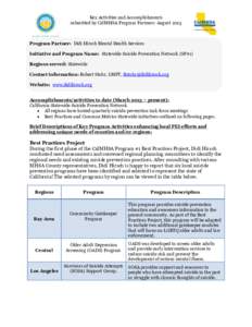 Key Activities and Accomplishments submitted by CalMHSA Program Partners: August 2013 Program Partner: Didi Hirsch Mental Health Services Initiative and Program Name: Statewide Suicide Prevention Network (SP#1) Regions s