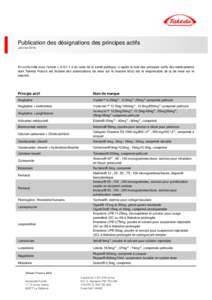 Publication des désignations des principes actifs Janvier 2016 En conformité avec l’article Ldu code de la santé publique, ci-après la liste des principes actifs des médicaments dont Takeda France est ti