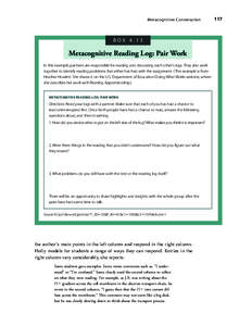 Metacognitive Conversation  BOX 4.13 Metacognitive Reading Log: Pair Work In this example, partners are responsible for reading and discussing each other’s logs. They also work