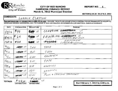 OR~~  CITY OF RIO RANCHO CAMPAIGN FINANCE REPORT March 6, 2012 Municipal Election