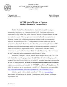 NWTRB March Meeting to Focus on Geologic Disposal of Nuclear Waste