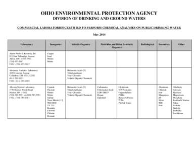 OHIO ENVIRONMENTAL PROTECTION AGENCY DIVISION OF DRINKING AND GROUND WATERS COMMERCIAL LABORATORIES CERTIFIED TO PERFORM CHEMICAL ANALYSES ON PUBLIC DRINKING WATER May 2014 Laboratory