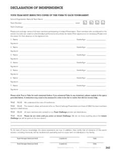 DECLARATION OF INDEPENDENCE YOUR TEAM MUST BRING TWO COPIES OF THIS FORM TO EACH TOURNAMENT. School/Organization Name & Team Name ________________________________________________________________________ Team Number: ____