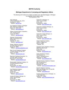 METRO Authority Michigan Department of Licensing and Regulatory Affairs The following ILEC telecommunication providers have reported footages in Michigan municipalities’ public rights-of-way. As of December 31, 2013