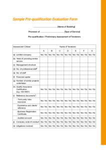 Sample Pre-qualification Evaluation Form [Name of Building] [Type of Service] Provision of