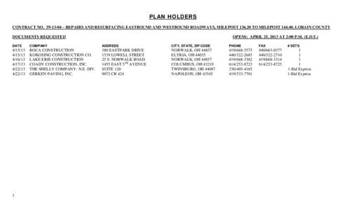 PLAN HOLDERS CONTRACT NO[removed] – REPAIRS AND RESURFACING EASTBOUND AND WESTBOUND ROADWAYS, MILEPOST[removed]TO MILEPOST[removed], LORAIN COUNTY DOCUMENTS REQUESTED OPENS: APRIL 25, 2013 AT 2:00 P.M. (E.D.T.)