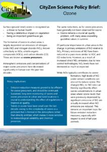 CityZen Science Policy Brief: Ozone Surface (ground-level) ozone is recognized as: a threat to human health having a deleterious impact on vegetation being an important greenhouse gas