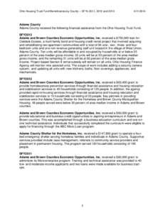 Ohio Housing Trust Fund Beneficiaries by County – SFYs 2011, 2012 and[removed]Adams County Adams County received the following financial assistance from the Ohio Housing Trust Fund.