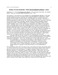 Richard L. W. Clarke LITS2002 Notes 08A  1 SAMUEL TAYLOR COLERIDGE, “FROM THE STATESMAN’S MANUAL” (1816) Coleridge, S. T. “From The Statesman’s Manual.” Critical Theory Since Plato. Ed. Hazard