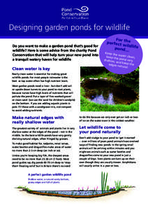 Designing garden ponds for wildlife Do you want to make a garden pond that’s good for wildlife? Here is some advice from the charity Pond Conservation that will help turn your new pond into a tranquil watery haven for 
