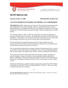 Microsoft Word - NAN news release mining act oct[removed]FINAL FORMATTED