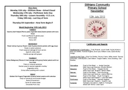 Stithians Community Primary School Newsletter Diary Dates