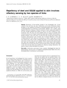 Repellency of deet and SS220 applied to skin involves olfactory sensing by two species of ticks