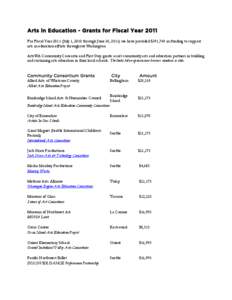 Arts in Education - Grants for Fiscal Year 2011 For Fiscal Year[removed]July 1, 2010 through June 30, 2011) we have provided $391,745 in funding to support arts in education efforts throughout Washington. ArtsWA Community 