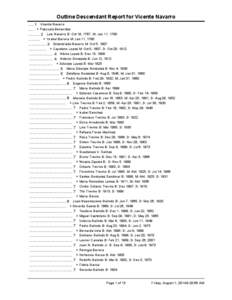 Outline Descendant Report for Vicente NavarroVicente Navarro ..... + Pascuala BenavidesLuis Navarro B: Oct 18, 1767, M: Jan 11, 1790 ........... + Ysabel Barrera M: Jan 11, 1790 ................. 