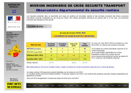 MISSION INGENIERIE DE CRISE SECURITE TRANSPORT Observatoire départemental de sécurité routière Les résultats présentés dans ce baromètre sont issus du système de remontées rapides et des données provenant des 