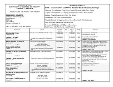 STATE OF NEVADA DEPARTMENT OF BUSINESS AND INDUSTRY ATHLETIC COMMISSION BKB SHOW RESULTS DATE: August 16, 2014