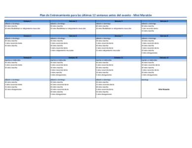 Plan de Entrenamiento para las últimas 12 semanas antes del evento - Mini Maratón Semana 1 sábado o domingo 40 mins marcha 10 mins flexibilidad or relajamiento muscular