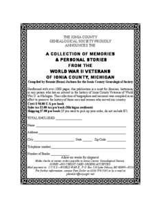 THE IONIA COUNTY GENEALOGICAL SOCIETY PROUDLY ANNOUNCES THE A COLLECTION OF MEMORIES & PERSONAL STORIES