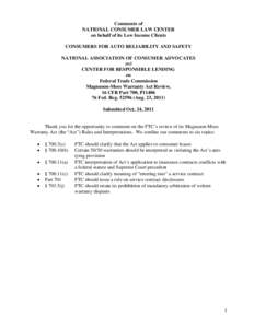 Comments of NATIONAL CONSUMER LAW CENTER on behalf of its Low Income Clients CONSUMERS FOR AUTO RELIABILITY AND SAFETY NATIONAL ASSOCIATION OF CONSUMER ADVOCATES and