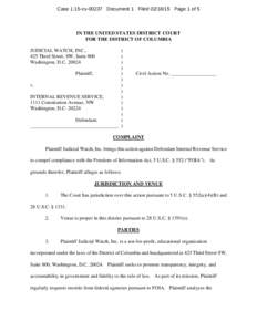 Case 1:15-cvDocument 1 FiledPage 1 of 5  IN THE UNITED STATES DISTRICT COURT FOR THE DISTRICT OF COLUMBIA JUDICIAL WATCH, INC., 425 Third Street, SW, Suite 800