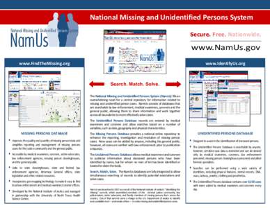 National Missing and Unidentified Persons System Secure. Free. Nationwide. www.NamUs.gov www.FindTheMissing.org