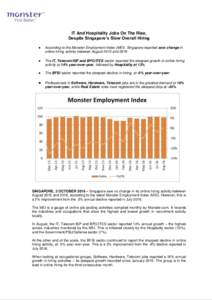 IT And Hospitality Jobs On The Rise, Despite Singapore’s Slow Overall Hiring ● According to the Monster Employment Index (MEI), Singapore reported zero change in online hiring activity between August 2015 and 2016