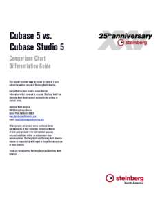 Cubase 5 vs. Cubase Studio 5 Comparison Chart Differentiation Guide This support document may be copied, in whole or in part, without the written consent of Steinberg North America.