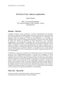 TALN 2004, Fès, 19-21 avril[removed]De l’écrit à l’oral : analyses et générations Fabrice Maurel IRIT – Université Paul Sabatier 118, route de Narbonne[removed]Toulouse - France