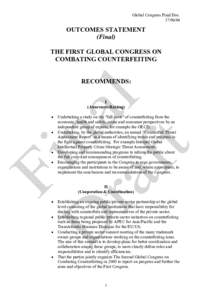 Global Congress Final Doc[removed]OUTCOMES STATEMENT (Final) THE FIRST GLOBAL CONGRESS ON