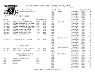 27th Annual Irvine Junior Games  Sunday, May 18, 2014 FIELD Event #