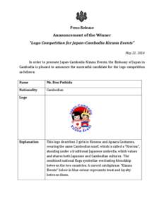 Press Release  Announcement of the Winner “Logo Competition for Japan-Cambodia Kizuna Events” May 21, 2014 In order to promote Japan-Cambodia Kizuna Events, the Embassy of Japan in