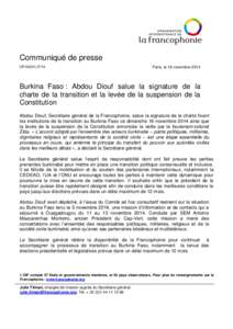 Communiqué de presse CP/SG/21/JT/14 Paris, le 16 novembre[removed]Burkina Faso : Abdou Diouf salue la signature de la