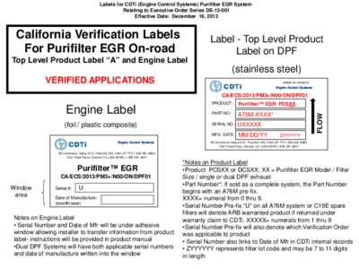 Labels for CDTi (Engine Control Systems) Purifilter EGR System Relating to Executive Order Series DE[removed]Effective Date: December 16, 2013 California Verification Labels For Purifilter EGR On-road