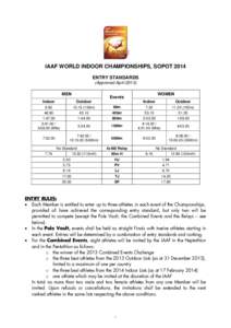 IAAF WORLD INDOOR CHAMPIONSHIPS, SOPOT 2014 ENTRY STANDARDS (Approved April[removed]MEN  WOMEN