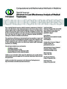 Computational and Mathematical Methods in Medicine Special Issue on Advances in Cost-Effectiveness Analysis of Medical Treatments  CALL FOR PAPERS