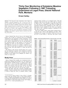 Thirty-Year Monitoring of Subalpine Meadow Vegetation Following a 1967 Trampling Experiment at Logan Pass, Glacier National Park, Montana Ernest Hartley Abstract—This long-term study, monitoring visitor impact on