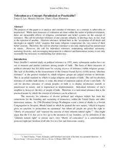 Forum on Public Policy  Toleration as a Concept: Paradoxical or Practicable? Tonya E. Lee, Ministry Director, There‟s Hope Ministries  Abstract