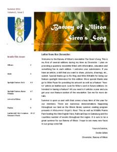 Summer 2011 Volume 1, Issue 1 Barony of Illiton Siren’s Song Letter from the Chronicler: