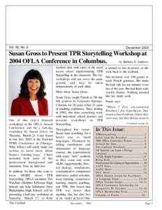 Vol. 42, No. 2  December 2003 Susan Gross to Present TPR Storytelling Workshop at by Barbara S. Andrews