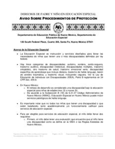 DERECHOS DE PADRE Y NIÑO EN EDUCACIÓN ESPECIAL  AVISO SOBRE PROCEDIMIENTOS DE PROTECCIÓN Departamento de Educación Pública de Nuevo México, Departamento de Educación Especial