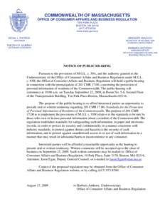 COMMONWEALTH OF MASSACHUSETTS OFFICE OF CONSUMER AFFAIRS AND BUSINESS REGULATION TEN PARK PLAZA BOSTON, MA8700 www.mass.gov/oca