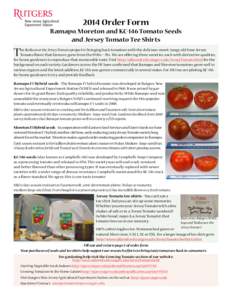 2014 Order Form Ramapo, Moreton and KC-146 Tomato Seeds and Jersey Tomato Tee Shirts T